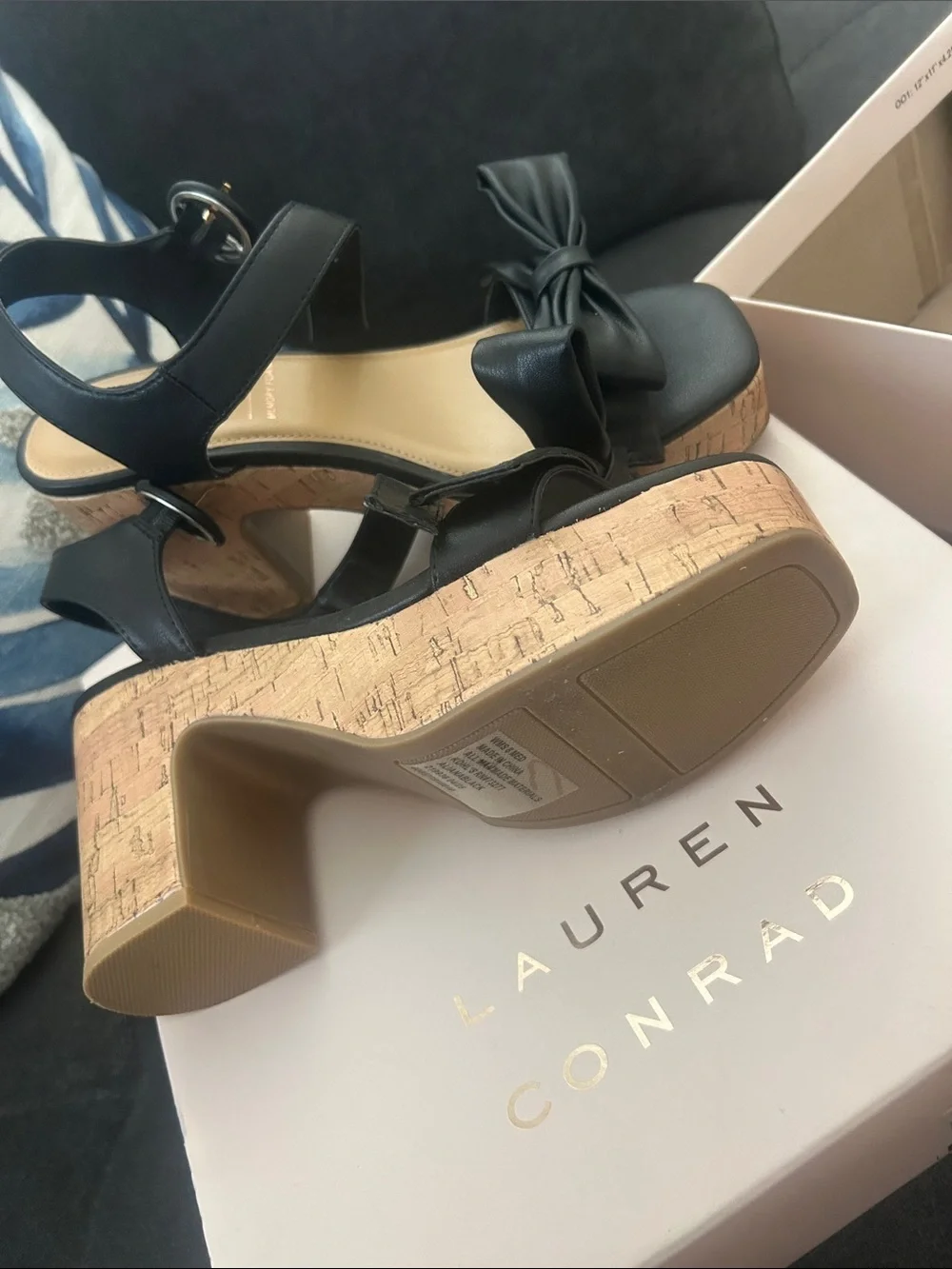LC Lauren Conrad Black Cork Block Heel Sandals with Bow Accent